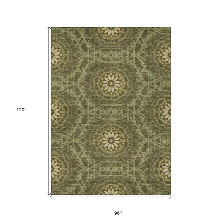 8' X 10' Olive Green Artichoke Green And Gold Floral Medallion Washable Indoor Outdoor Area Rug
