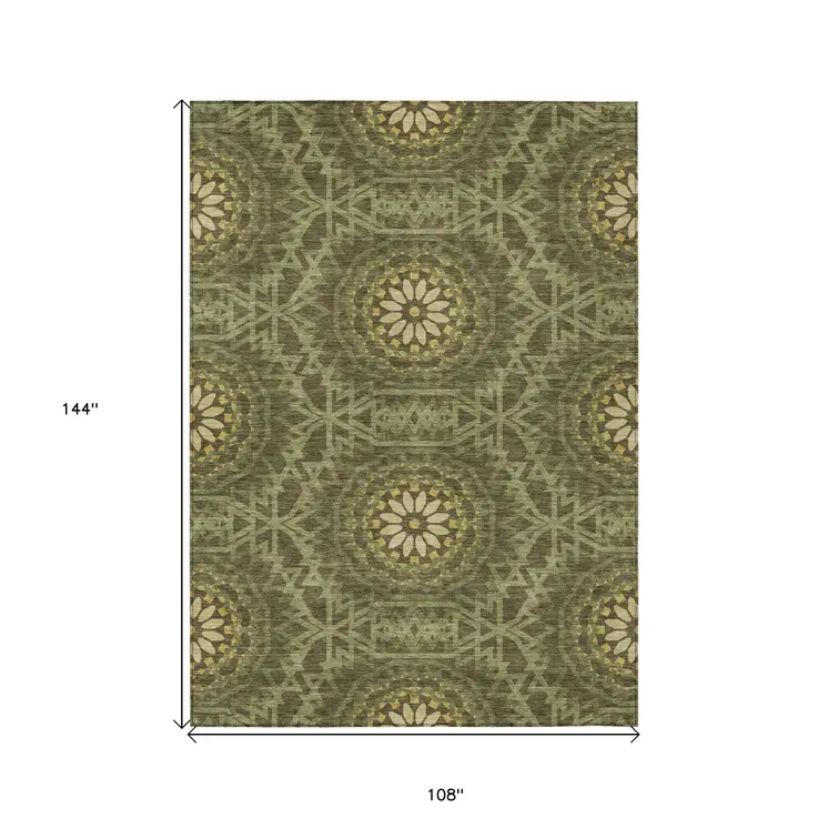 9' X 12' Olive Green Artichoke Green And Gold Floral Medallion Washable Indoor Outdoor Area Rug