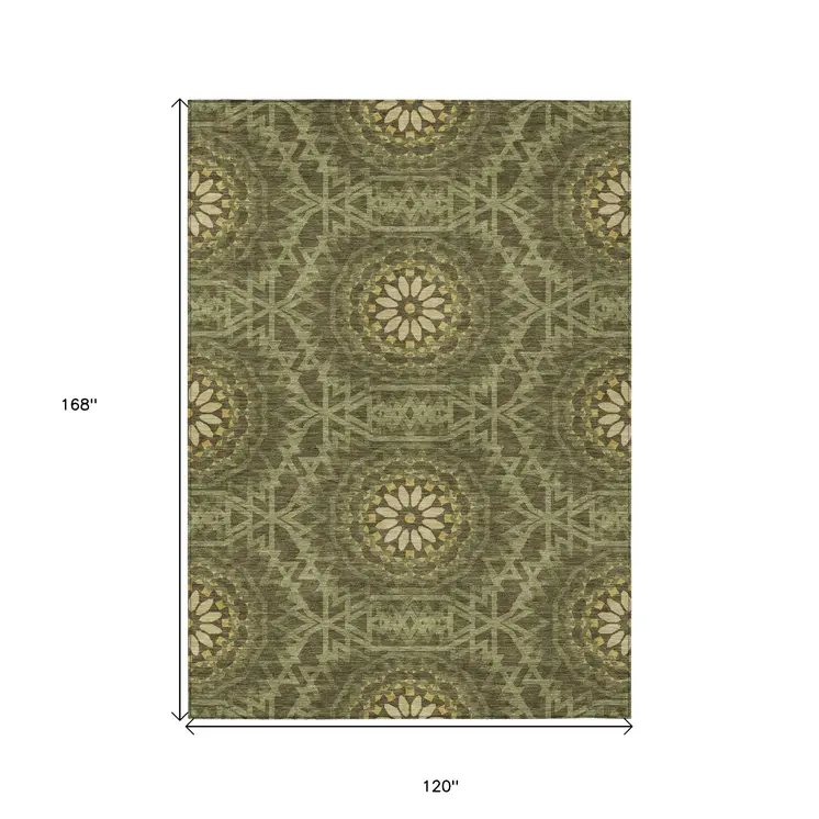 10' X 14' Olive Green Artichoke Green And Gold Floral Medallion Washable Indoor Outdoor Area Rug