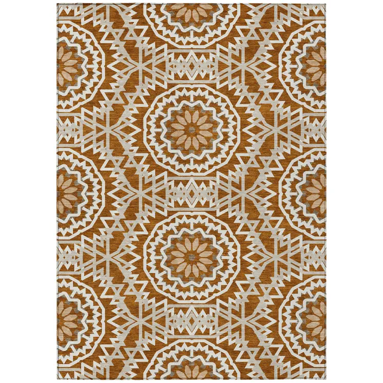 3' X 5' Orange Copper And Beige Floral Medallion Washable Indoor Outdoor Area Rug