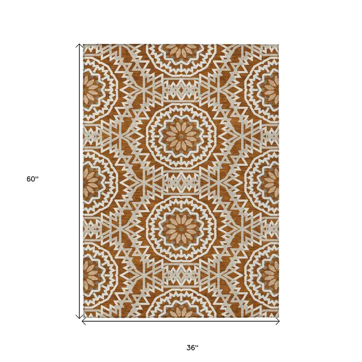 3' X 5' Orange Copper And Beige Floral Medallion Washable Indoor Outdoor Area Rug