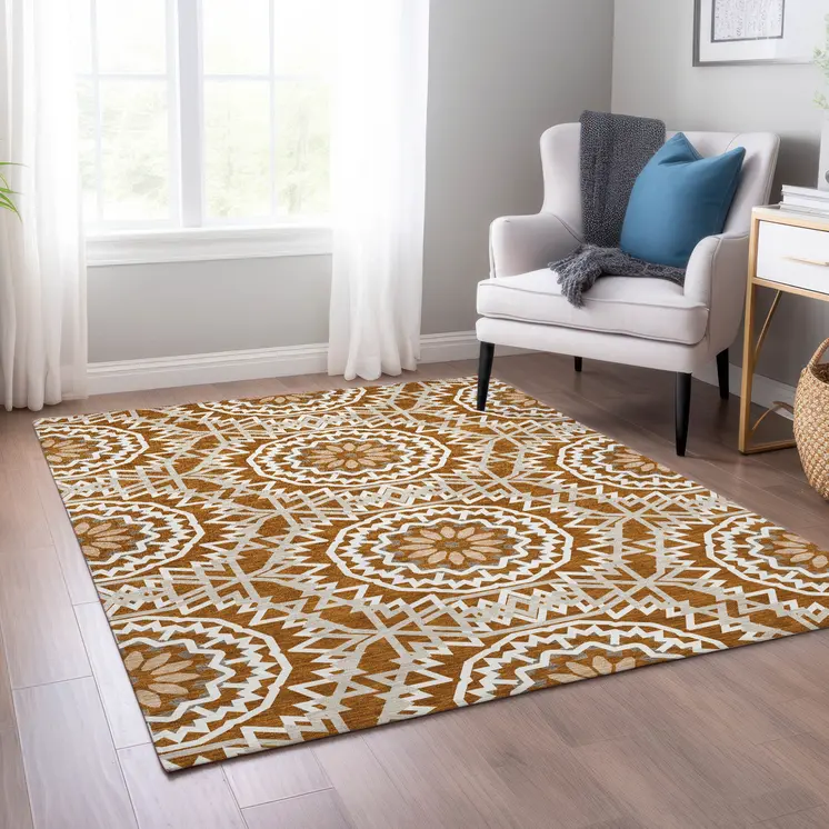 3' X 5' Orange Copper And Beige Floral Medallion Washable Indoor Outdoor Area Rug