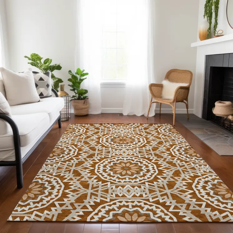 5' X 8' Orange Copper And Beige Floral Medallion Washable Indoor Outdoor Area Rug
