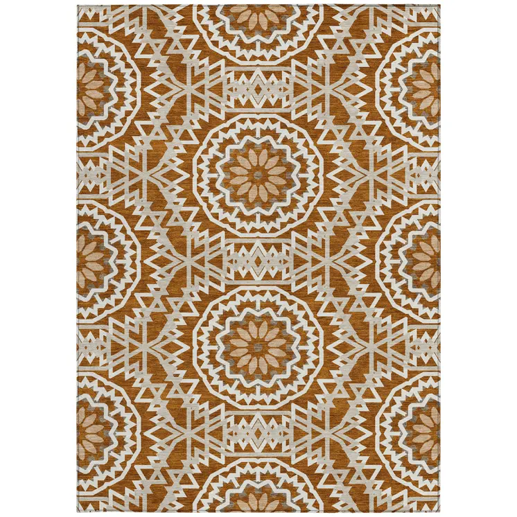 8' X 10' Orange Copper And Beige Floral Medallion Washable Indoor Outdoor Area Rug