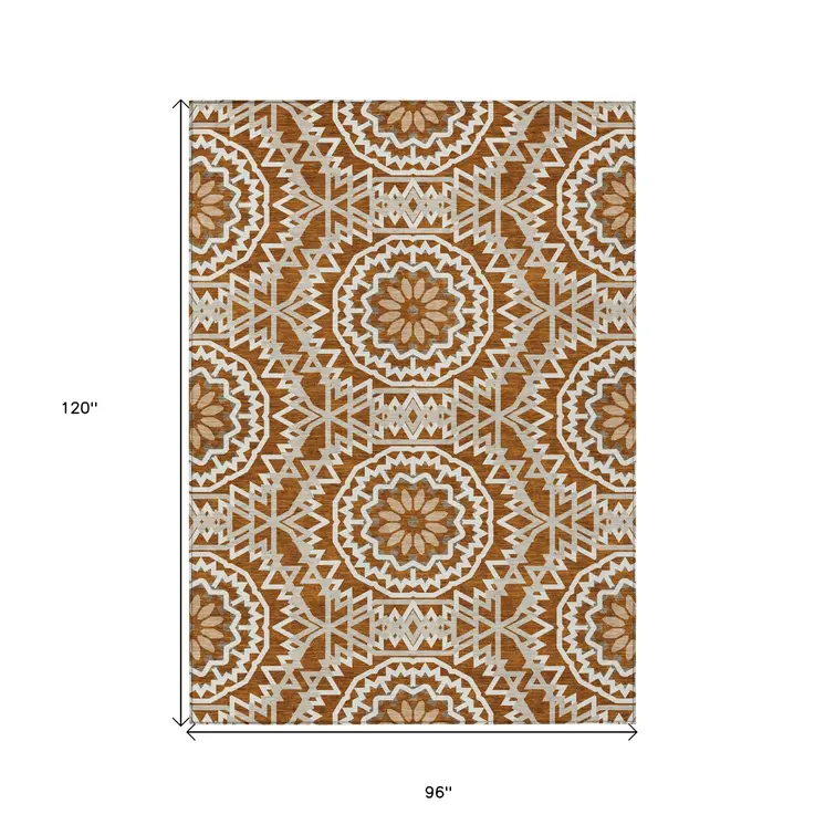 8' X 10' Orange Copper And Beige Floral Medallion Washable Indoor Outdoor Area Rug