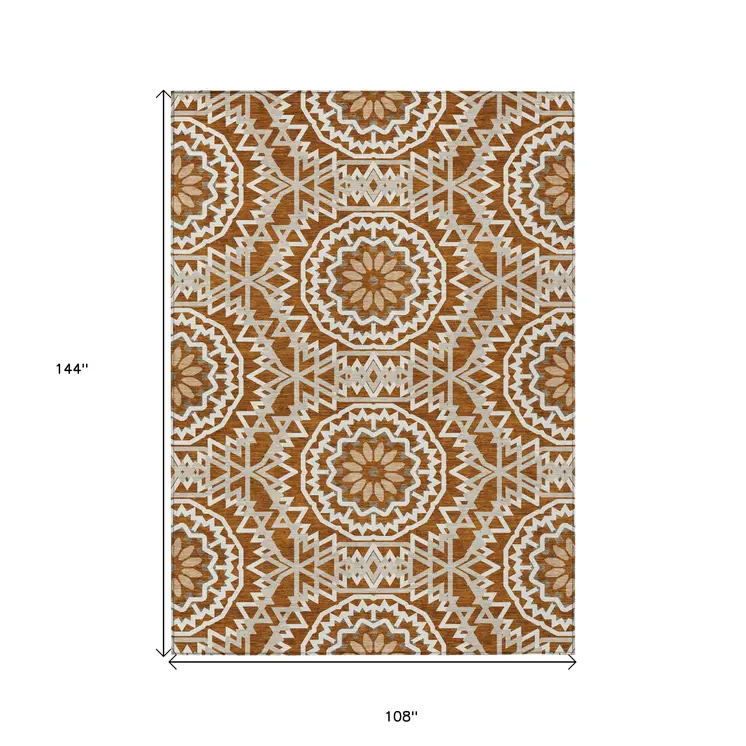 9' X 12' Orange Copper And Beige Floral Medallion Washable Indoor Outdoor Area Rug