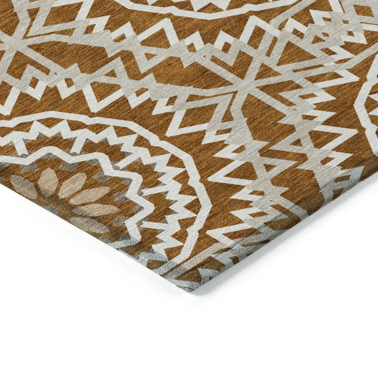 10' X 14' Orange Copper And Beige Floral Medallion Washable Indoor Outdoor Area Rug