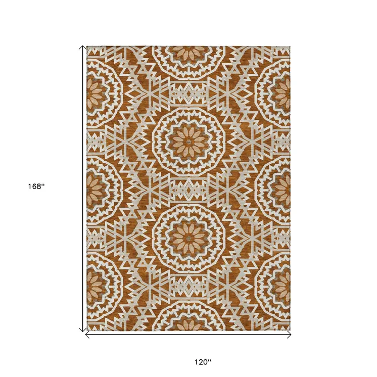 10' X 14' Orange Copper And Beige Floral Medallion Washable Indoor Outdoor Area Rug