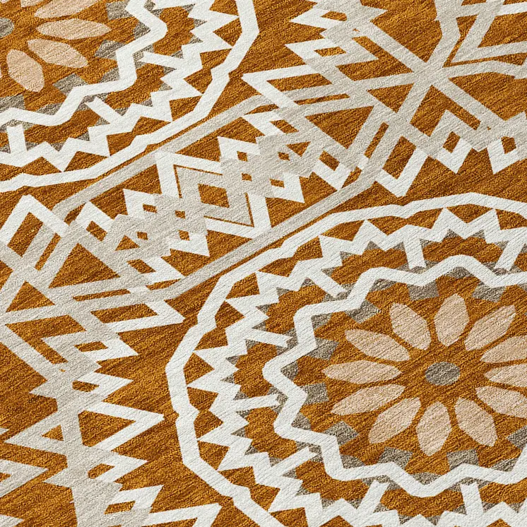 10' X 14' Orange Copper And Beige Floral Medallion Washable Indoor Outdoor Area Rug