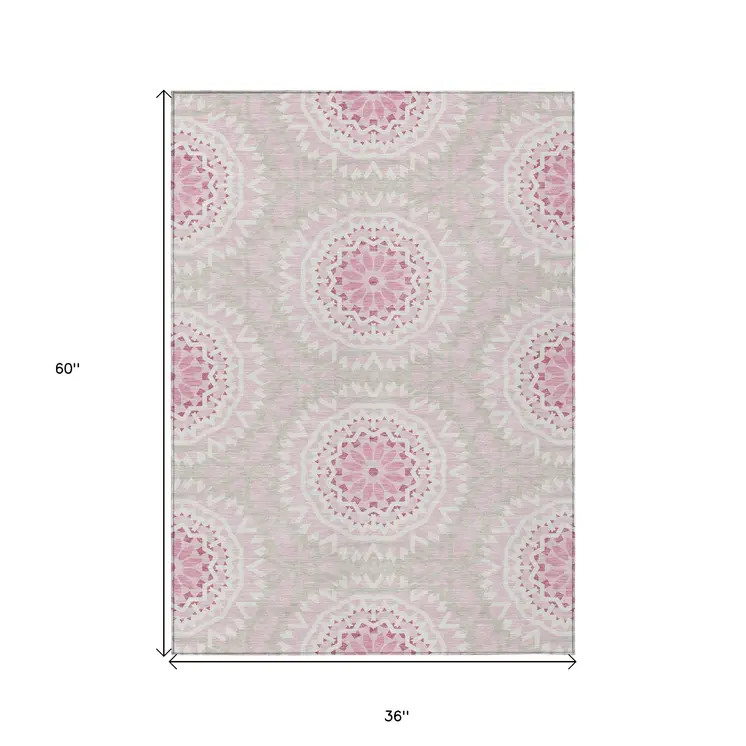3' X 5' Pink Blush And Ivory Floral Medallion Washable Indoor Outdoor Area Rug