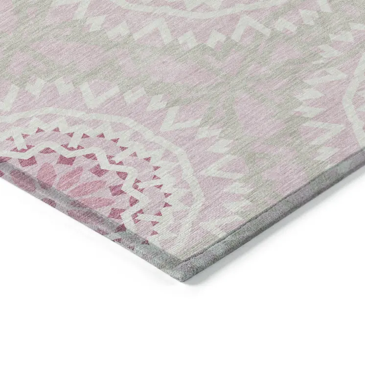 5' X 8' Pink Blush And Ivory Floral Medallion Washable Indoor Outdoor Area Rug