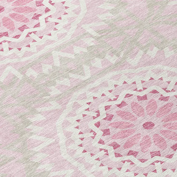 5' X 8' Pink Blush And Ivory Floral Medallion Washable Indoor Outdoor Area Rug