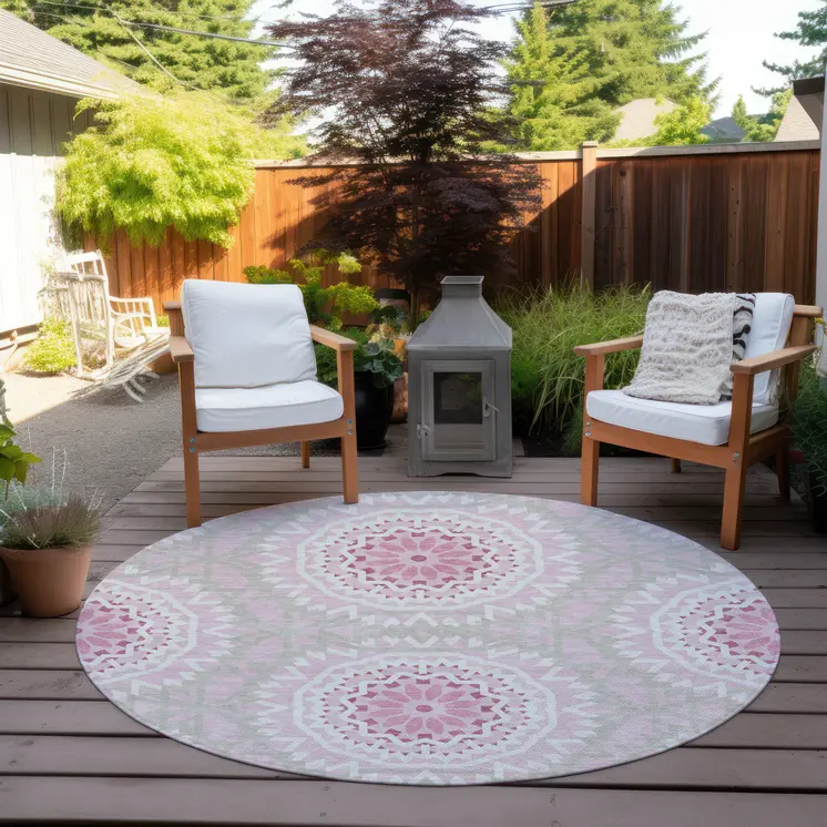 8' Pink Blush And Ivory Round Floral Medallion Washable Indoor Outdoor Area Rug