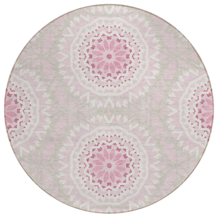 8' Pink Blush And Ivory Round Floral Medallion Washable Indoor Outdoor Area Rug