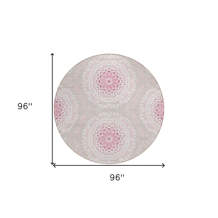 8' Pink Blush And Ivory Round Floral Medallion Washable Indoor Outdoor Area Rug