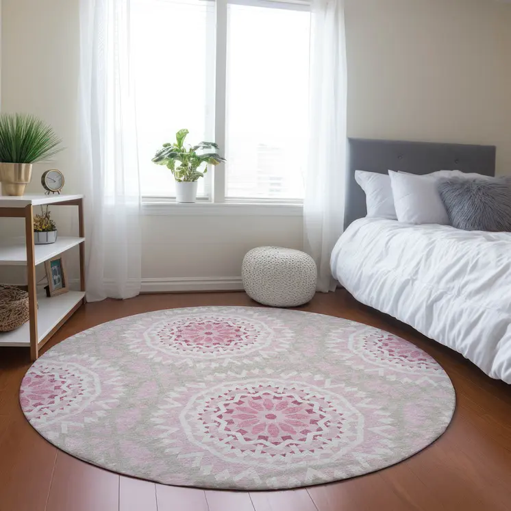 8' Pink Blush And Ivory Round Floral Medallion Washable Indoor Outdoor Area Rug