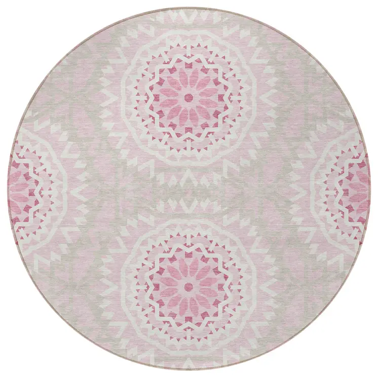 8' Pink Blush And Ivory Round Floral Medallion Washable Indoor Outdoor Area Rug