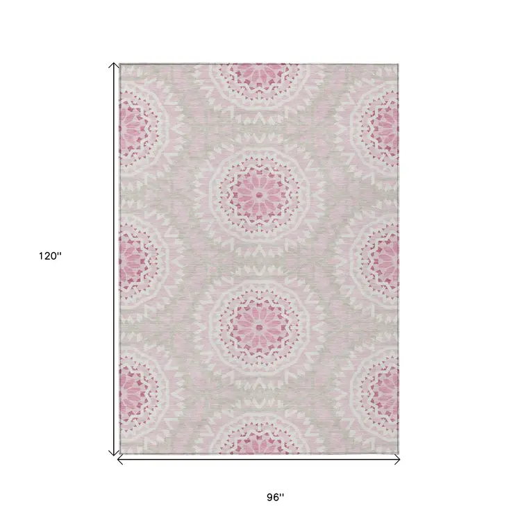 8' X 10' Pink Blush And Ivory Floral Medallion Washable Indoor Outdoor Area Rug