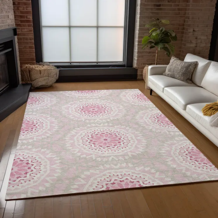 9' X 12' Pink Blush And Ivory Floral Medallion Washable Indoor Outdoor Area Rug