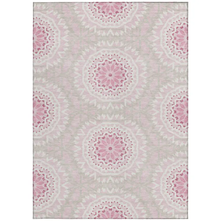 10' X 14' Pink Blush And Ivory Floral Medallion Washable Indoor Outdoor Area Rug