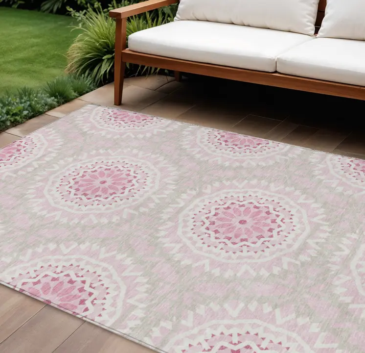 10' X 14' Pink Blush And Ivory Floral Medallion Washable Indoor Outdoor Area Rug