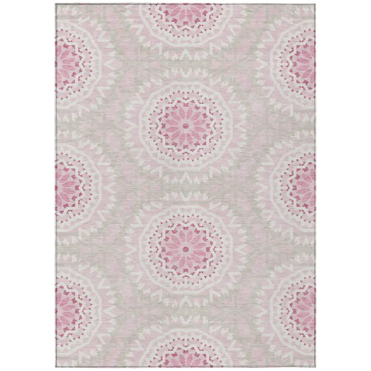 10' X 14' Pink Blush And Ivory Floral Medallion Washable Indoor Outdoor Area Rug