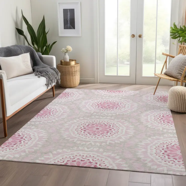 10' X 14' Pink Blush And Ivory Floral Medallion Washable Indoor Outdoor Area Rug