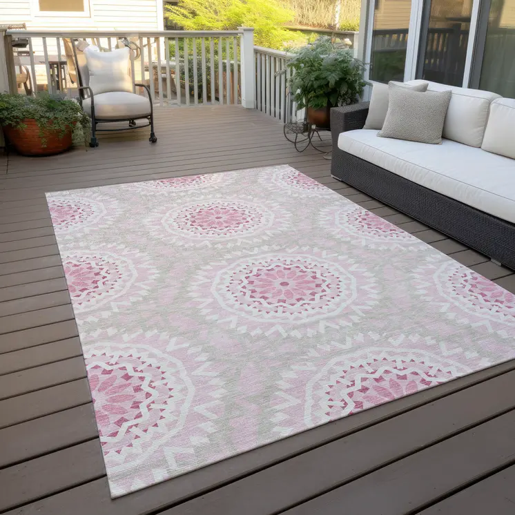 10' X 14' Pink Blush And Ivory Floral Medallion Washable Indoor Outdoor Area Rug