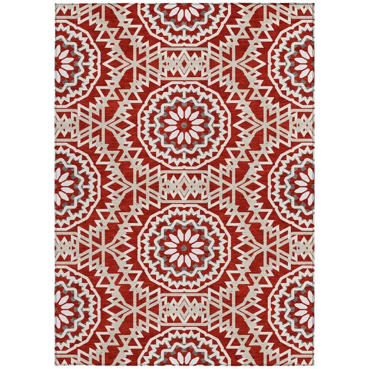 3' X 5' Red Beige And Ivory Floral Medallion Washable Indoor Outdoor Area Rug