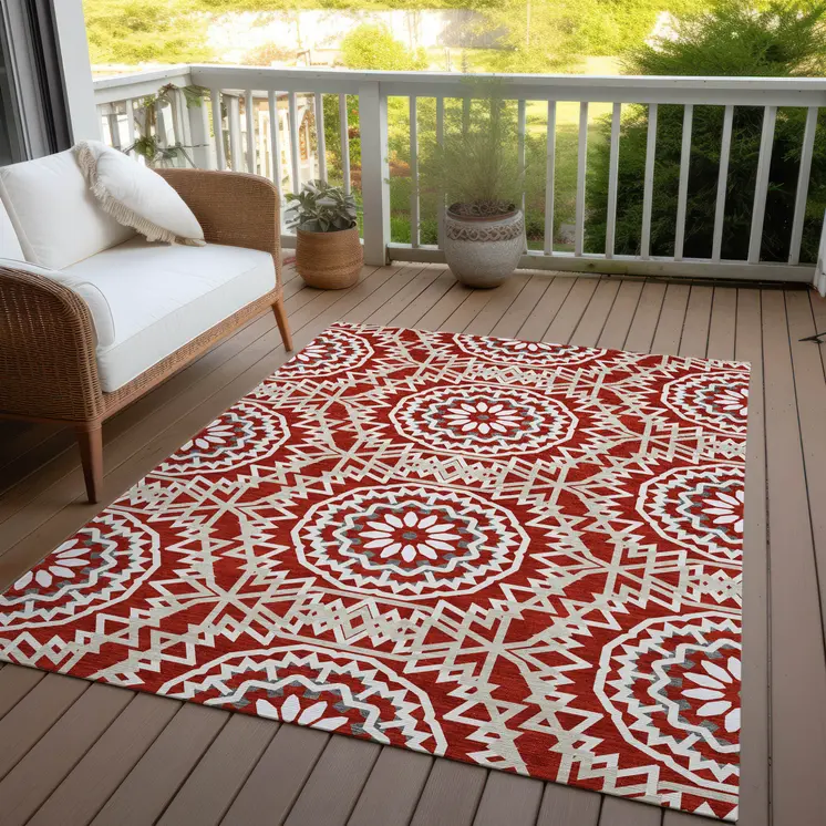 3' X 5' Red Beige And Ivory Floral Medallion Washable Indoor Outdoor Area Rug