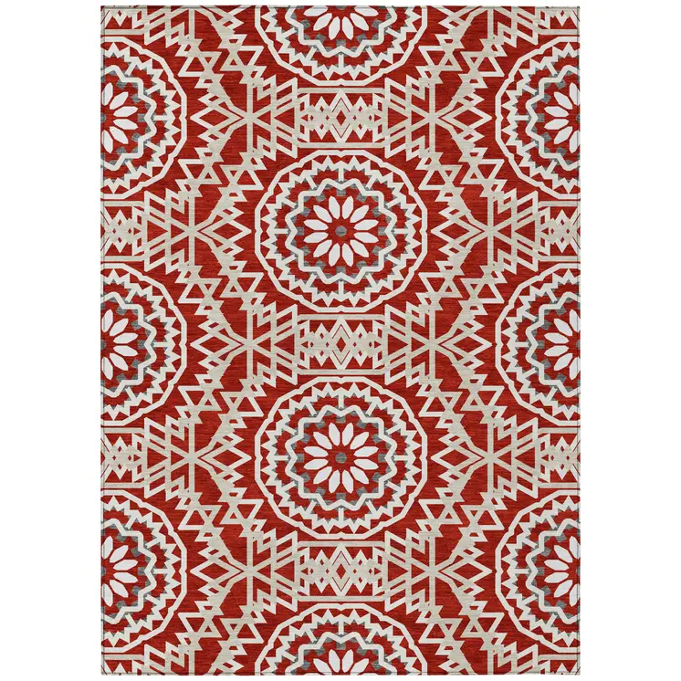 3' X 5' Red Beige And Ivory Floral Medallion Washable Indoor Outdoor Area Rug