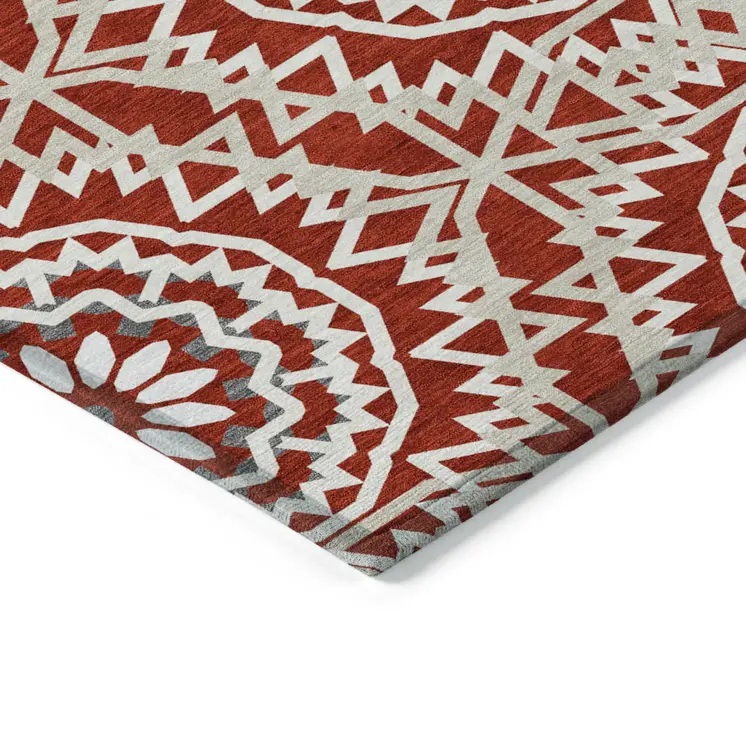 3' X 5' Red Beige And Ivory Floral Medallion Washable Indoor Outdoor Area Rug