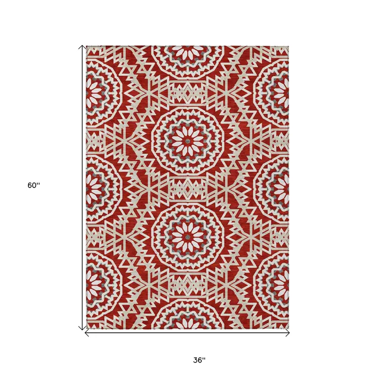 3' X 5' Red Beige And Ivory Floral Medallion Washable Indoor Outdoor Area Rug
