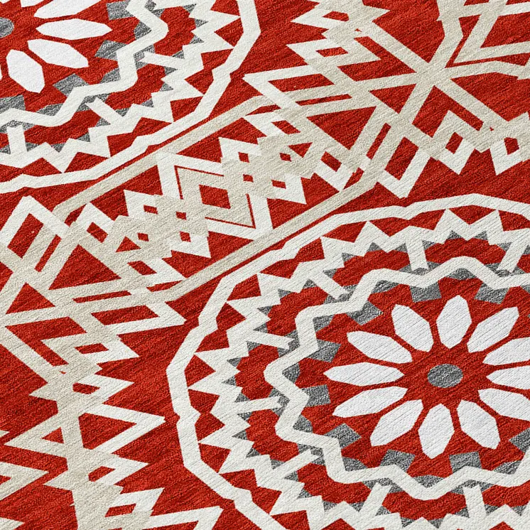 3' X 5' Red Beige And Ivory Floral Medallion Washable Indoor Outdoor Area Rug