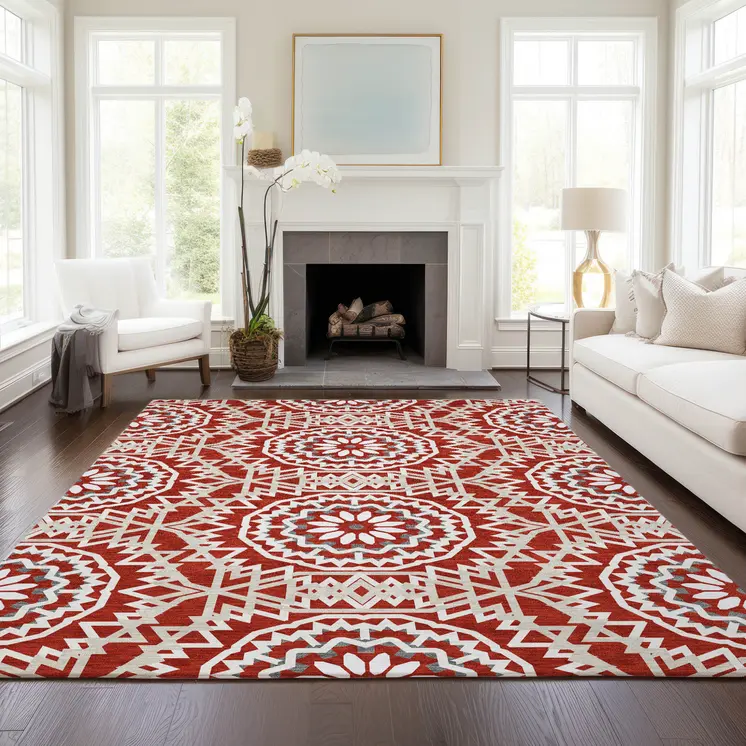 3' X 5' Red Beige And Ivory Floral Medallion Washable Indoor Outdoor Area Rug