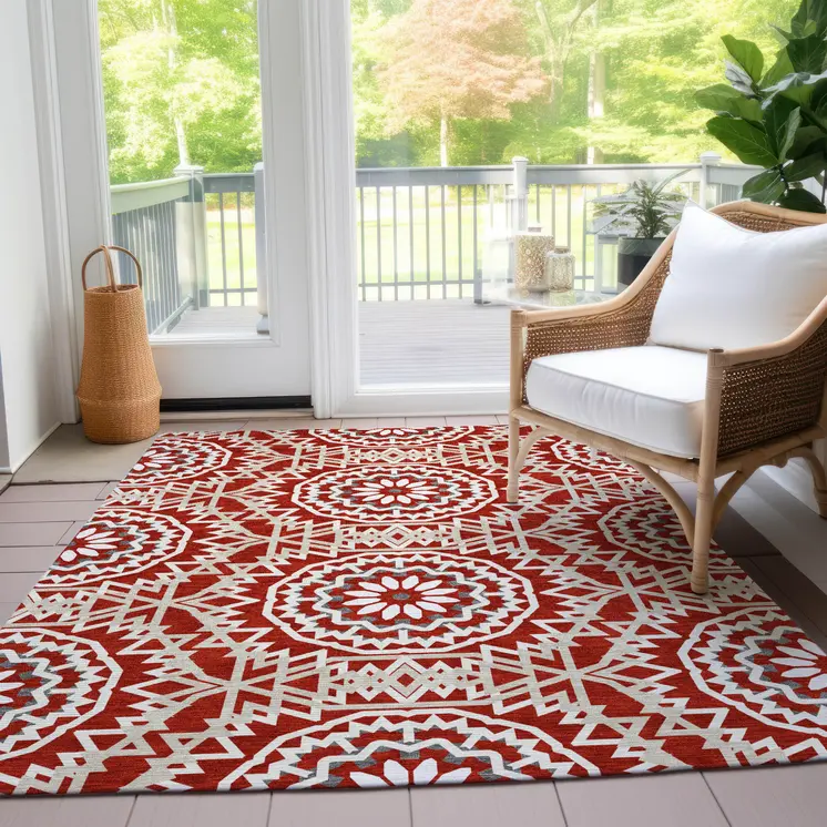 3' X 5' Red Beige And Ivory Floral Medallion Washable Indoor Outdoor Area Rug