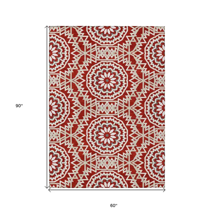 5' X 8' Red Beige And Ivory Floral Medallion Washable Indoor Outdoor Area Rug