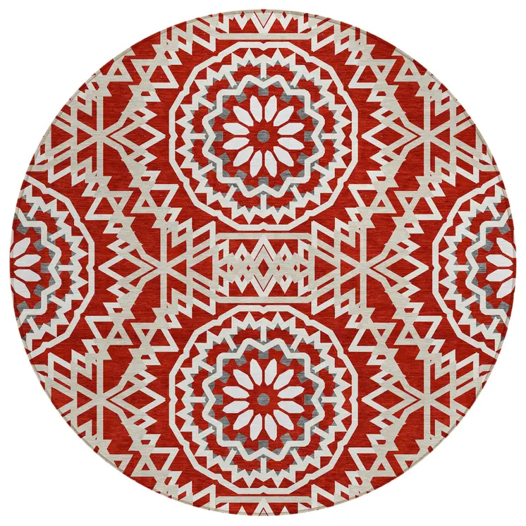 8' Red Beige And Ivory Round Floral Medallion Washable Indoor Outdoor Area Rug
