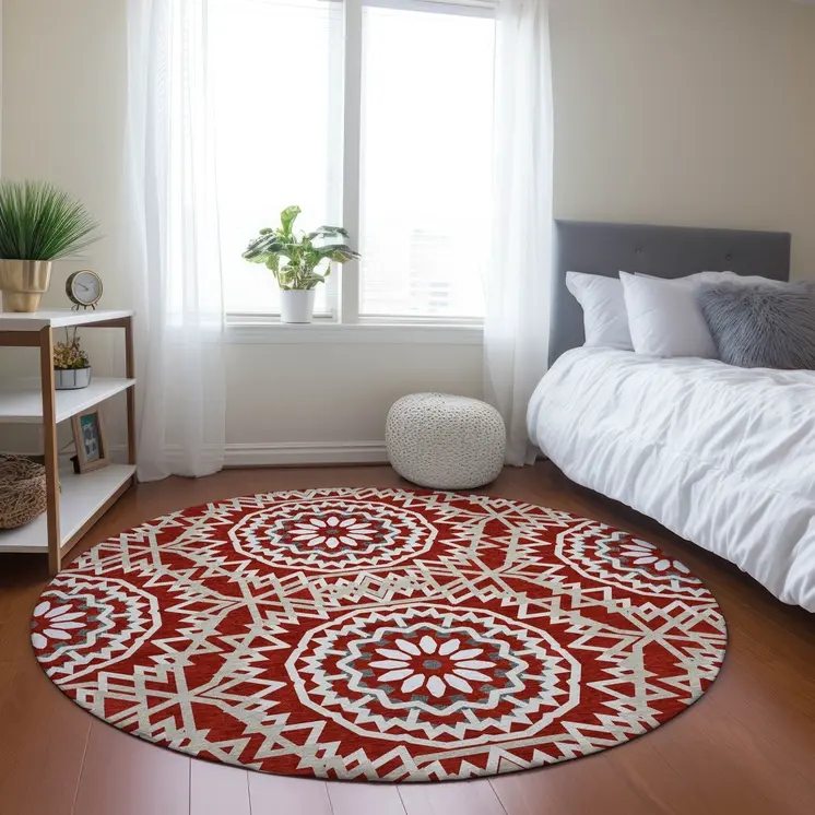 8' Red Beige And Ivory Round Floral Medallion Washable Indoor Outdoor Area Rug