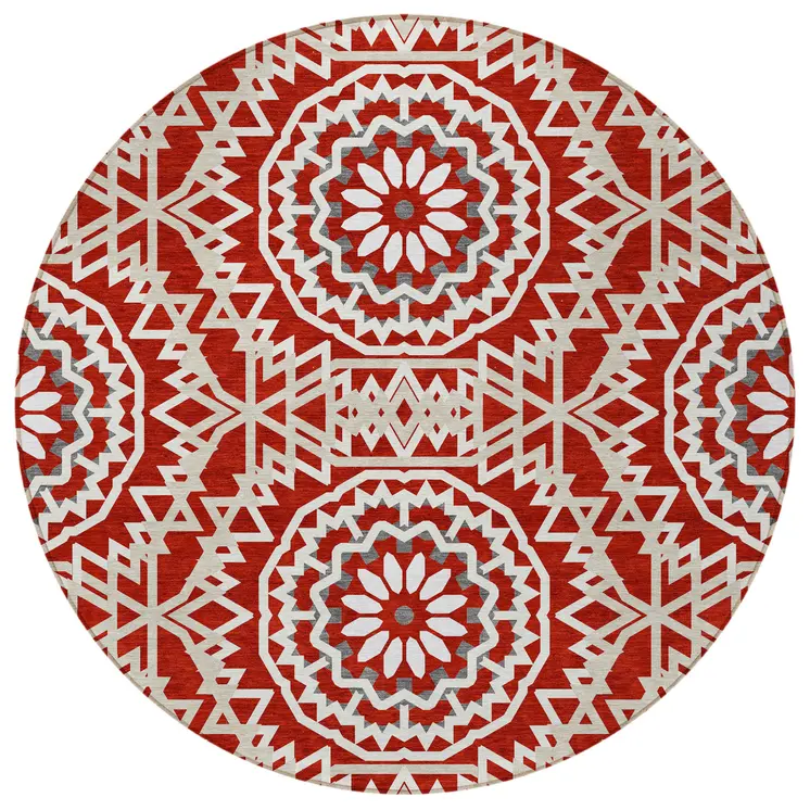 8' Red Beige And Ivory Round Floral Medallion Washable Indoor Outdoor Area Rug