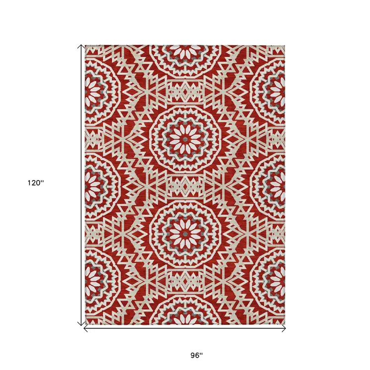 8' X 10' Red Beige And Ivory Floral Medallion Washable Indoor Outdoor Area Rug