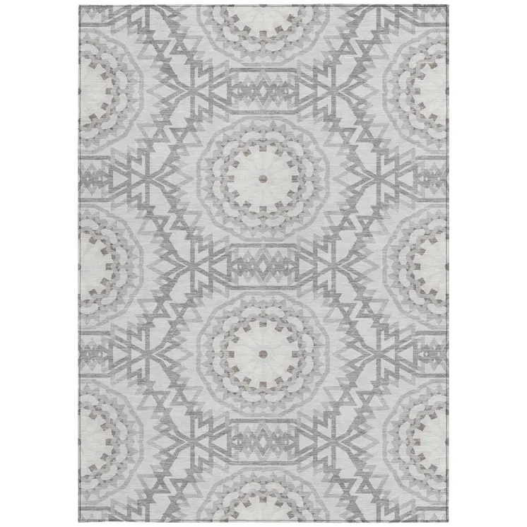 3' X 5' Silver Ivory And Gray Floral Medallion Washable Indoor Outdoor Area Rug