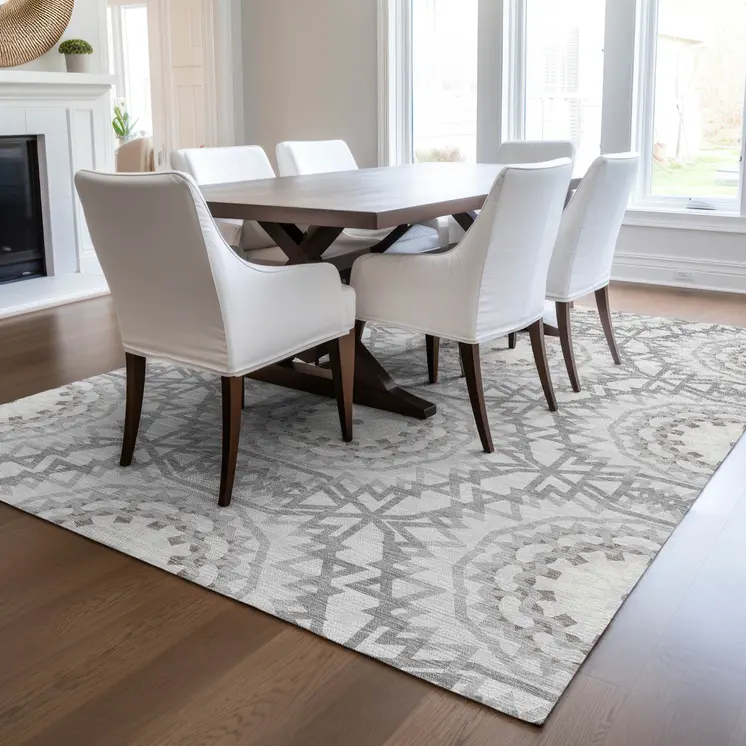3' X 5' Silver Ivory And Gray Floral Medallion Washable Indoor Outdoor Area Rug