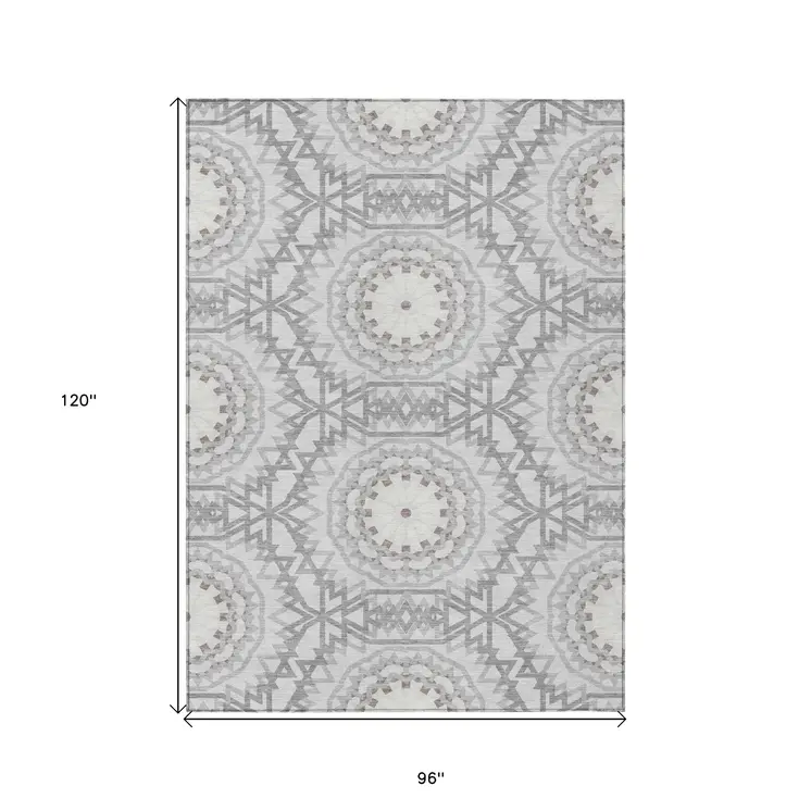 8' X 10' Silver Ivory And Gray Floral Medallion Washable Indoor Outdoor Area Rug