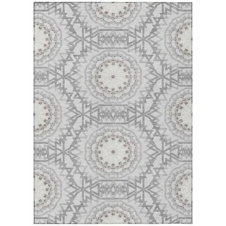 10' X 14' Silver Ivory And Gray Floral Medallion Washable Indoor Outdoor Area Rug