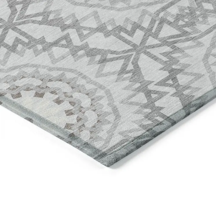 10' X 14' Silver Ivory And Gray Floral Medallion Washable Indoor Outdoor Area Rug