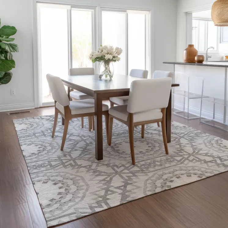 10' X 14' Silver Ivory And Gray Floral Medallion Washable Indoor Outdoor Area Rug