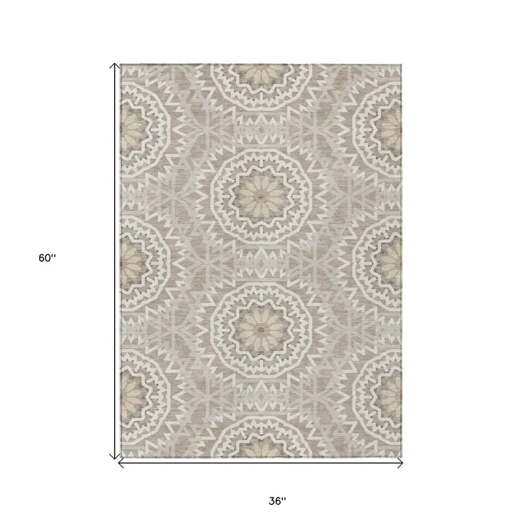 3' X 5' Taupe Khaki And Ivory Floral Medallion Washable Indoor Outdoor Area Rug