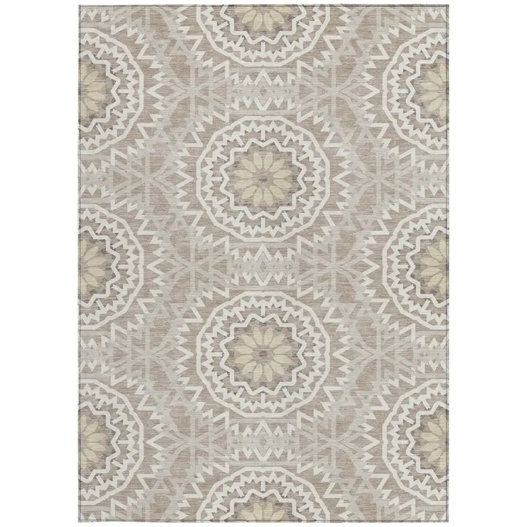 5' X 8' Taupe Khaki And Ivory Floral Medallion Washable Indoor Outdoor Area Rug