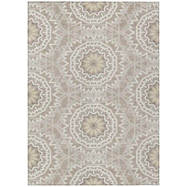 5' X 8' Taupe Khaki And Ivory Floral Medallion Washable Indoor Outdoor Area Rug